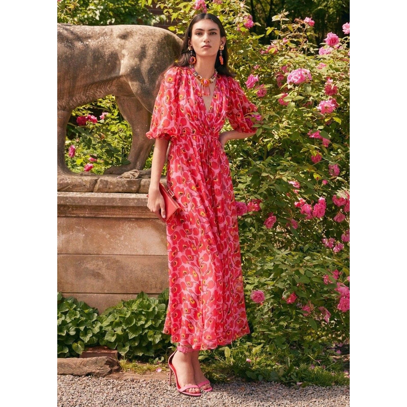 Nwt. $2690 Carolina Herrera Silk Floral V-Neck Waist-Tie Dress